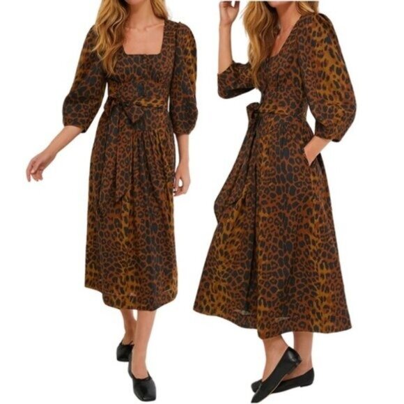 Tuckernuck NEW Leopard Graciela Puff Sleeve Square Neck Midi Dress Size 4 - Picture 2 of 10